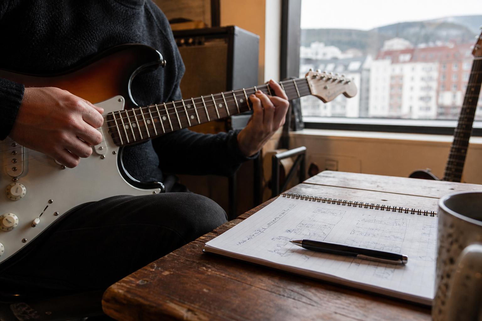 Adult student practicing electric guitar beside lesson notes