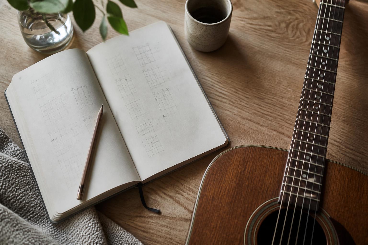 Musical notes beside a guitar