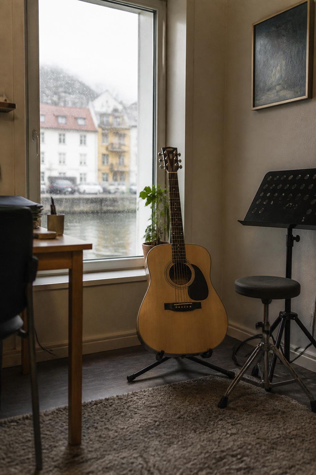 Acoustic guitar resting near a studio window in the evening